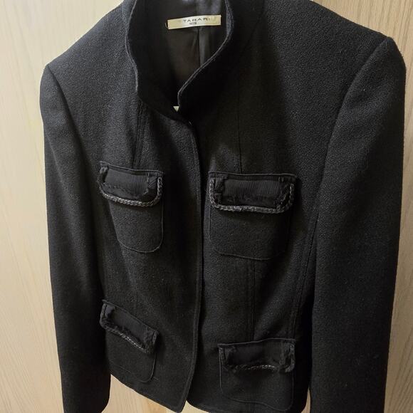 T Tahari Womens Wool Chain Snap Button Down Jacket Petite Black 4 Pocket Detail - Picture 2 of 7